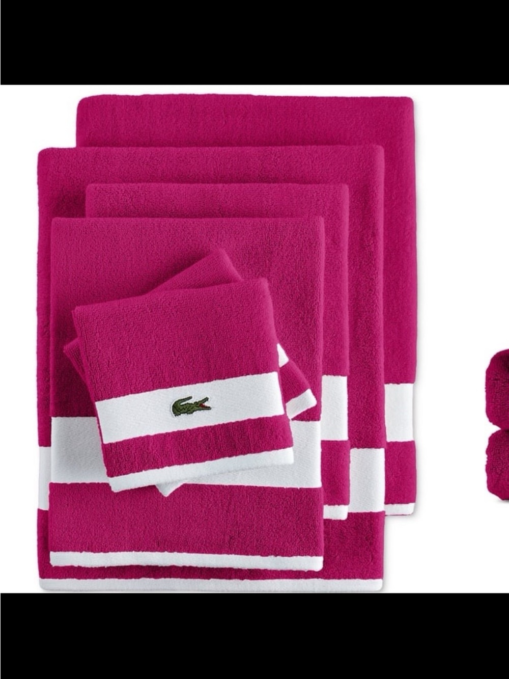 NWT Lacoste heritage sport strip logo cotton 6pc bath towel set color magenta